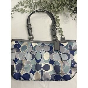 Coach Signature Op Art Scarf Print Blue Sateen Gallery Tote Handbag